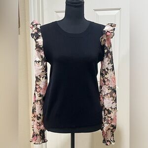 AVARA SWEATER KNIT TOP WITH FLORAL CHIFFON LONG SLEEVES BUSINESS CASUAL, SIZE M